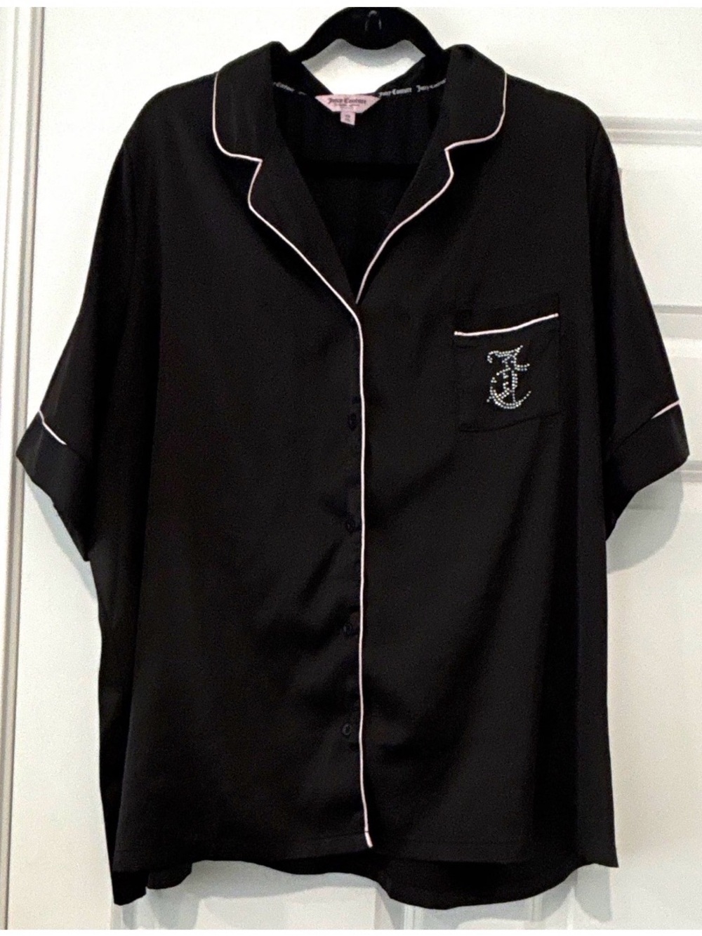 Juicy Couture Black Short-Sleeve Button-Up Pajama Top with Pink Piping